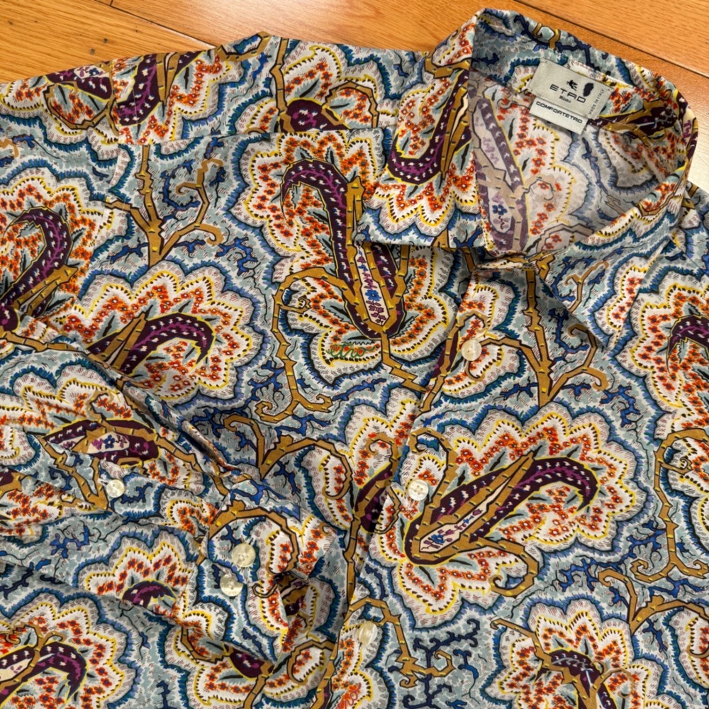 Etro Milano Womens Paisley Floral Button Down Shirt Blue Orange‎ Size 37 Italy